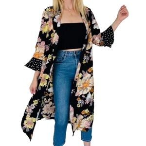 Roz & Ali Floral Kimono Robe Polka Dot Mismatched Print Bohemian Resortwear XS